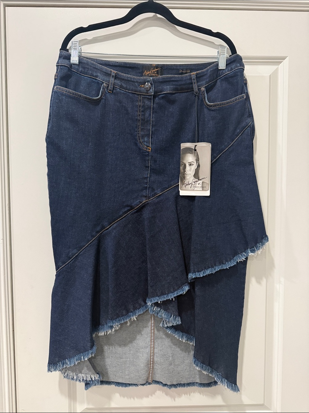 Ashley Graham x Marina Rinaldi Canyon Dark Blue Asymmetrical Denim Skirt Size 12